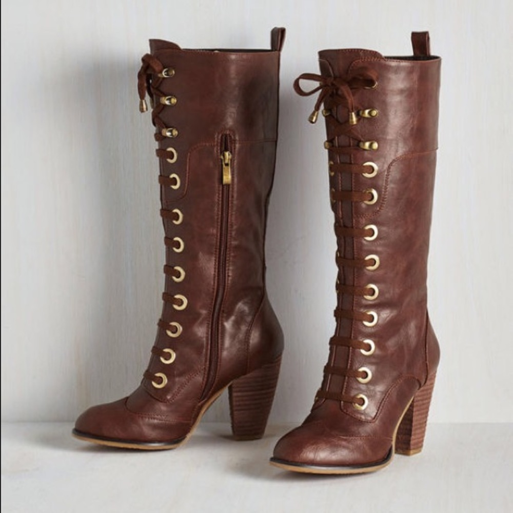 modcloth prospectress brown lace up heel boot
